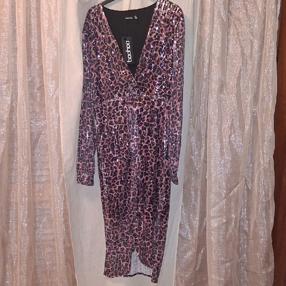 Boohoo Pink Leopard Twist Front Long Sleeve Dress Midi Dress - Picture 4 of 7
